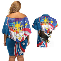 Personalized Filipino-American Couples Matching Off Shoulder Short Dress and Hawaiian Shirt The Eight-Rayed Sun with Bald Eagle
