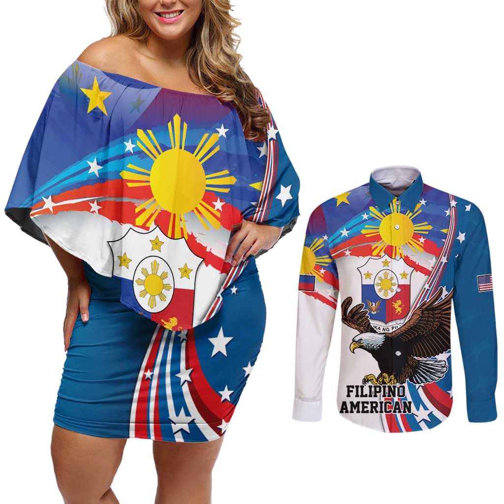 Personalized Filipino-American Couples Matching Off Shoulder Short Dress and Long Sleeve Button Shirt The Eight-Rayed Sun with Bald Eagle LT9 Blue - Polynesian Pride