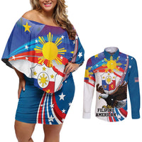 Personalized Filipino-American Couples Matching Off Shoulder Short Dress and Long Sleeve Button Shirt The Eight-Rayed Sun with Bald Eagle