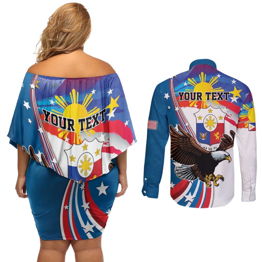 Personalized Filipino-American Couples Matching Off Shoulder Short Dress and Long Sleeve Button Shirt The Eight-Rayed Sun with Bald Eagle