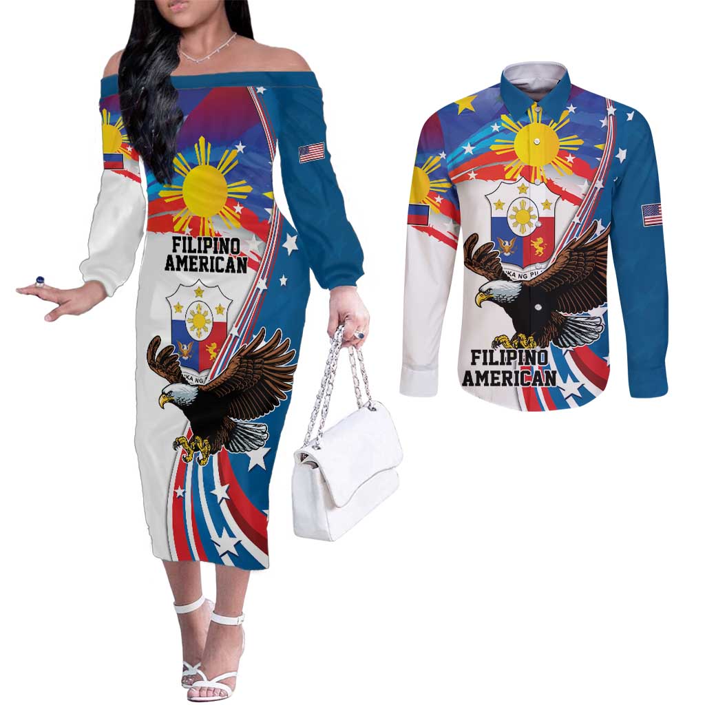 Personalized Filipino-American Couples Matching Off The Shoulder Long Sleeve Dress and Long Sleeve Button Shirt The Eight-Rayed Sun with Bald Eagle LT9 Blue - Polynesian Pride