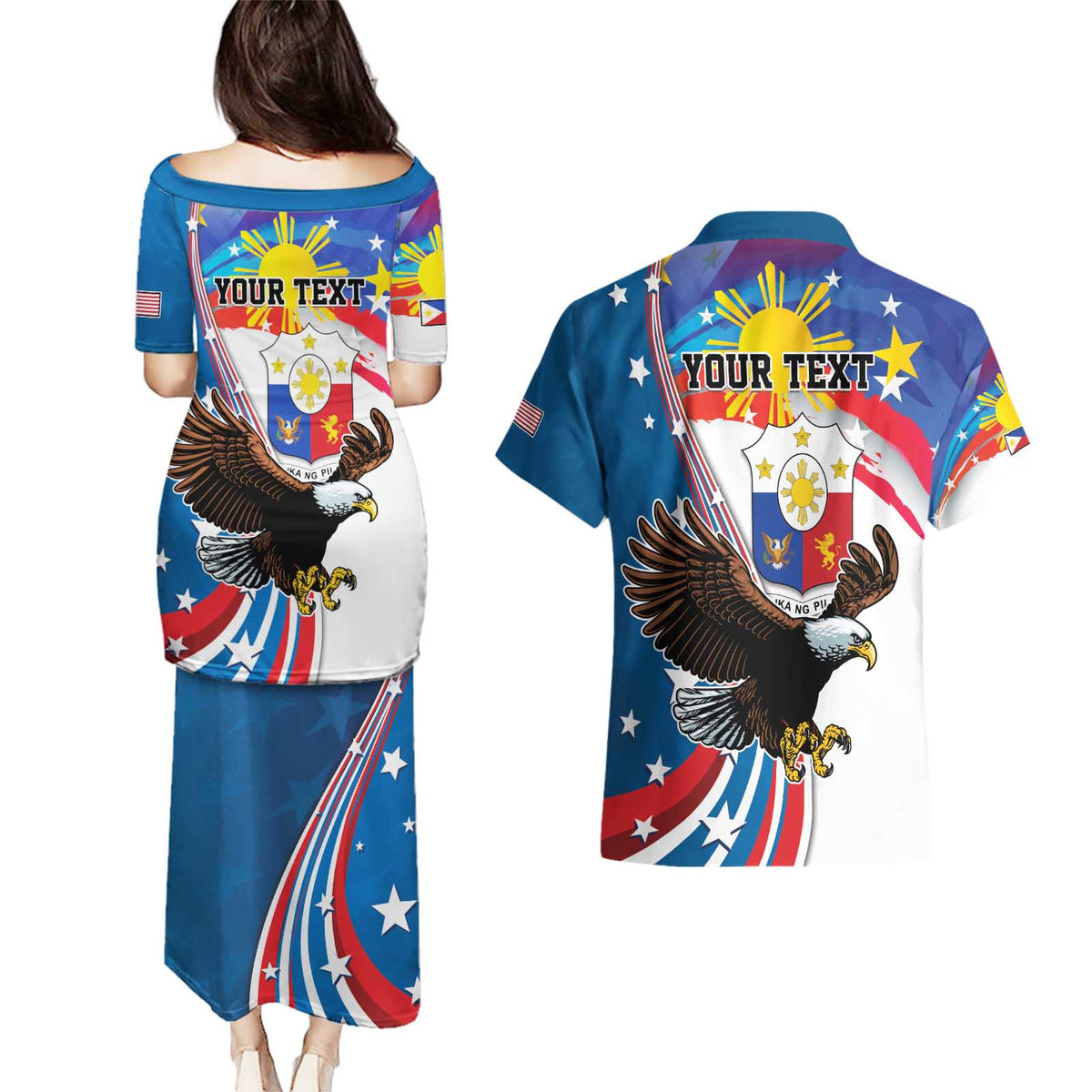 Personalized Filipino-American Couples Matching Puletasi and Hawaiian Shirt The Eight-Rayed Sun with Bald Eagle