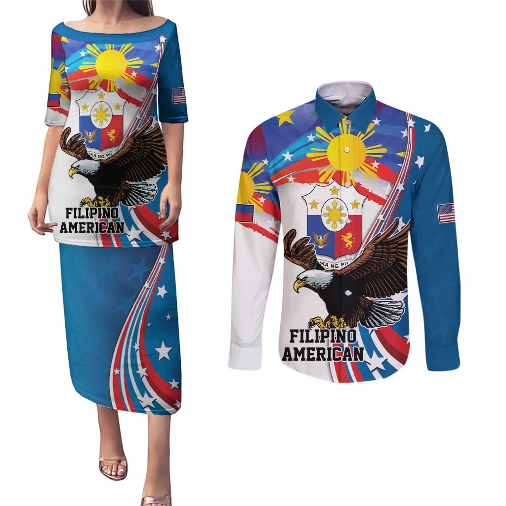 Personalized Filipino-American Couples Matching Puletasi and Long Sleeve Button Shirt The Eight-Rayed Sun with Bald Eagle LT9 Blue - Polynesian Pride