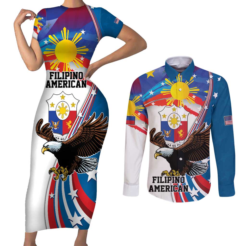 Personalized Filipino-American Couples Matching Short Sleeve Bodycon Dress and Long Sleeve Button Shirt The Eight-Rayed Sun with Bald Eagle LT9 Blue - Polynesian Pride