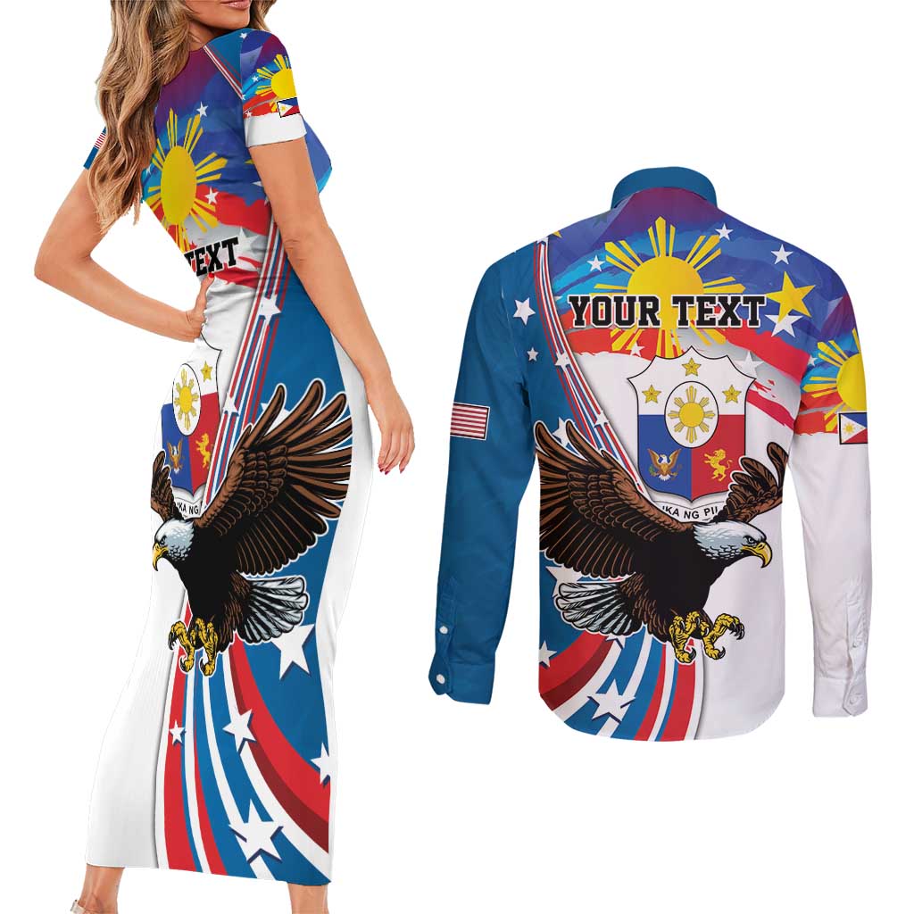 Personalized Filipino-American Couples Matching Short Sleeve Bodycon Dress and Long Sleeve Button Shirt The Eight-Rayed Sun with Bald Eagle