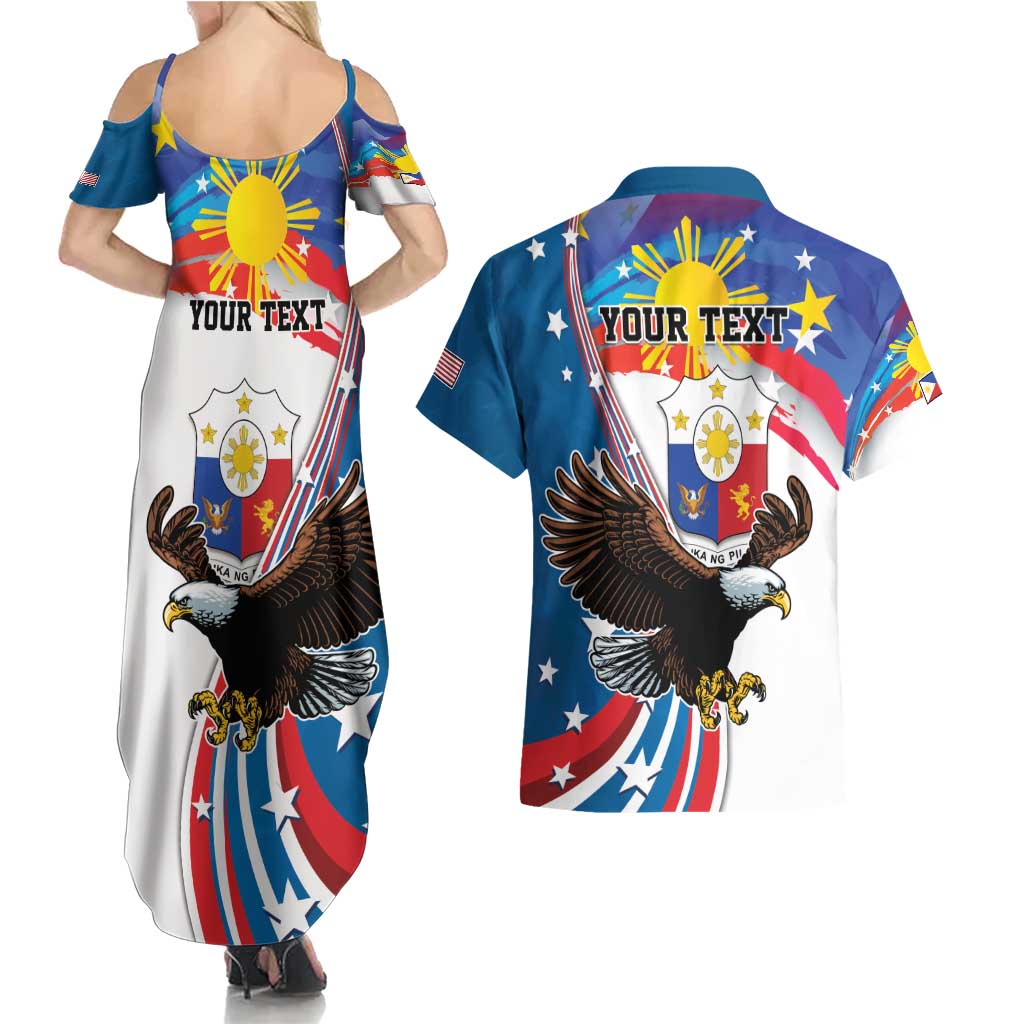 Personalized Filipino-American Couples Matching Summer Maxi Dress and Hawaiian Shirt The Eight-Rayed Sun with Bald Eagle