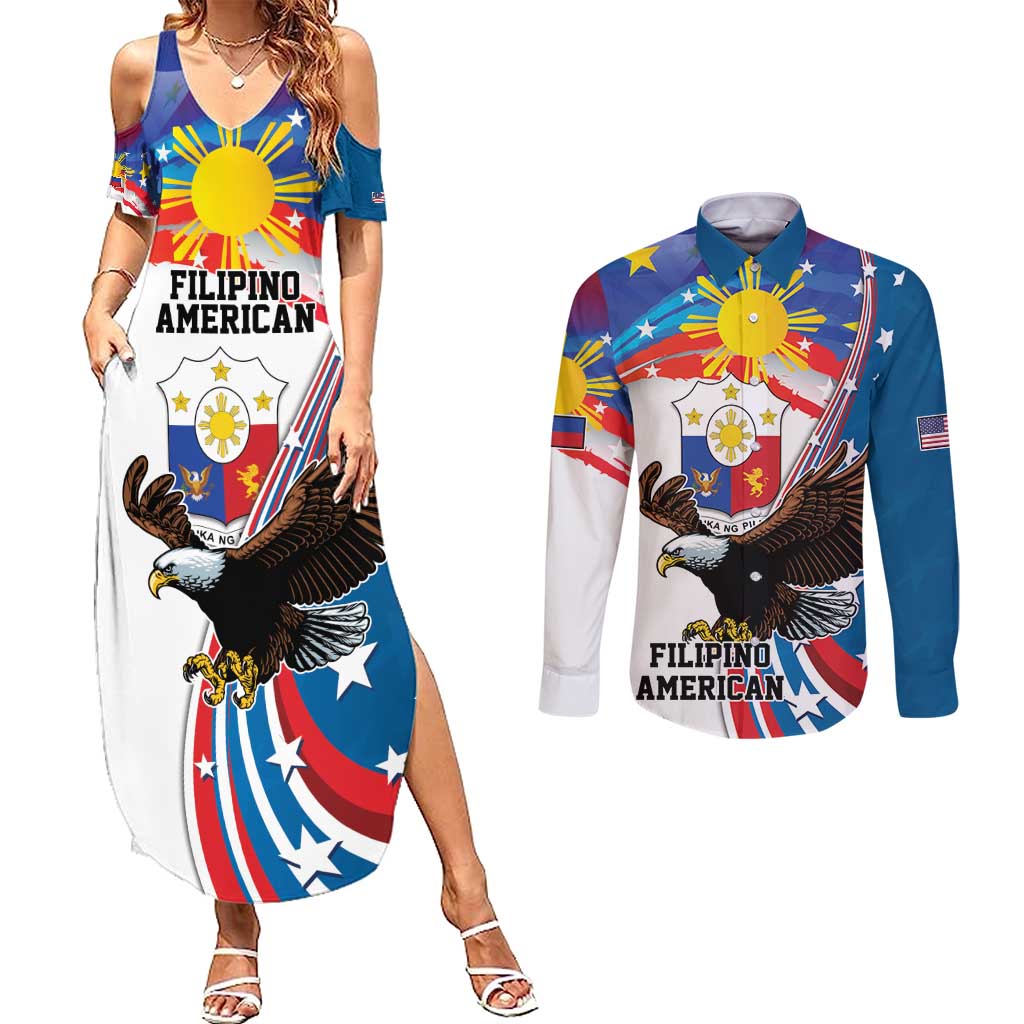 Personalized Filipino-American Couples Matching Summer Maxi Dress and Long Sleeve Button Shirt The Eight-Rayed Sun with Bald Eagle LT9 Blue - Polynesian Pride