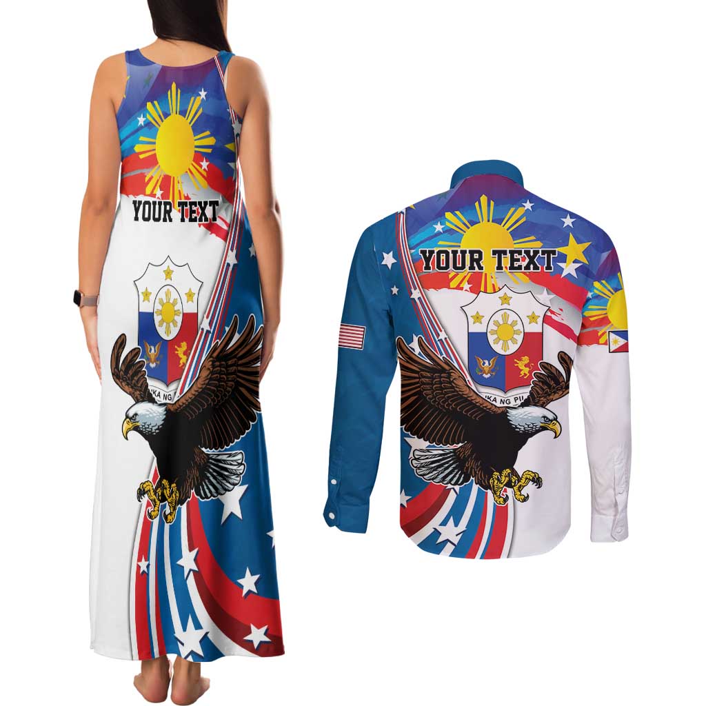 Personalized Filipino-American Couples Matching Tank Maxi Dress and Long Sleeve Button Shirt The Eight-Rayed Sun with Bald Eagle