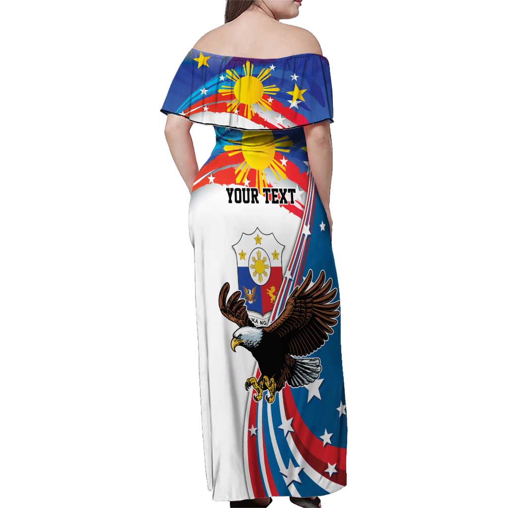 Personalized Filipino-American Family Matching Off Shoulder Maxi Dress and Hawaiian Shirt The Eight-Rayed Sun with Bald Eagle