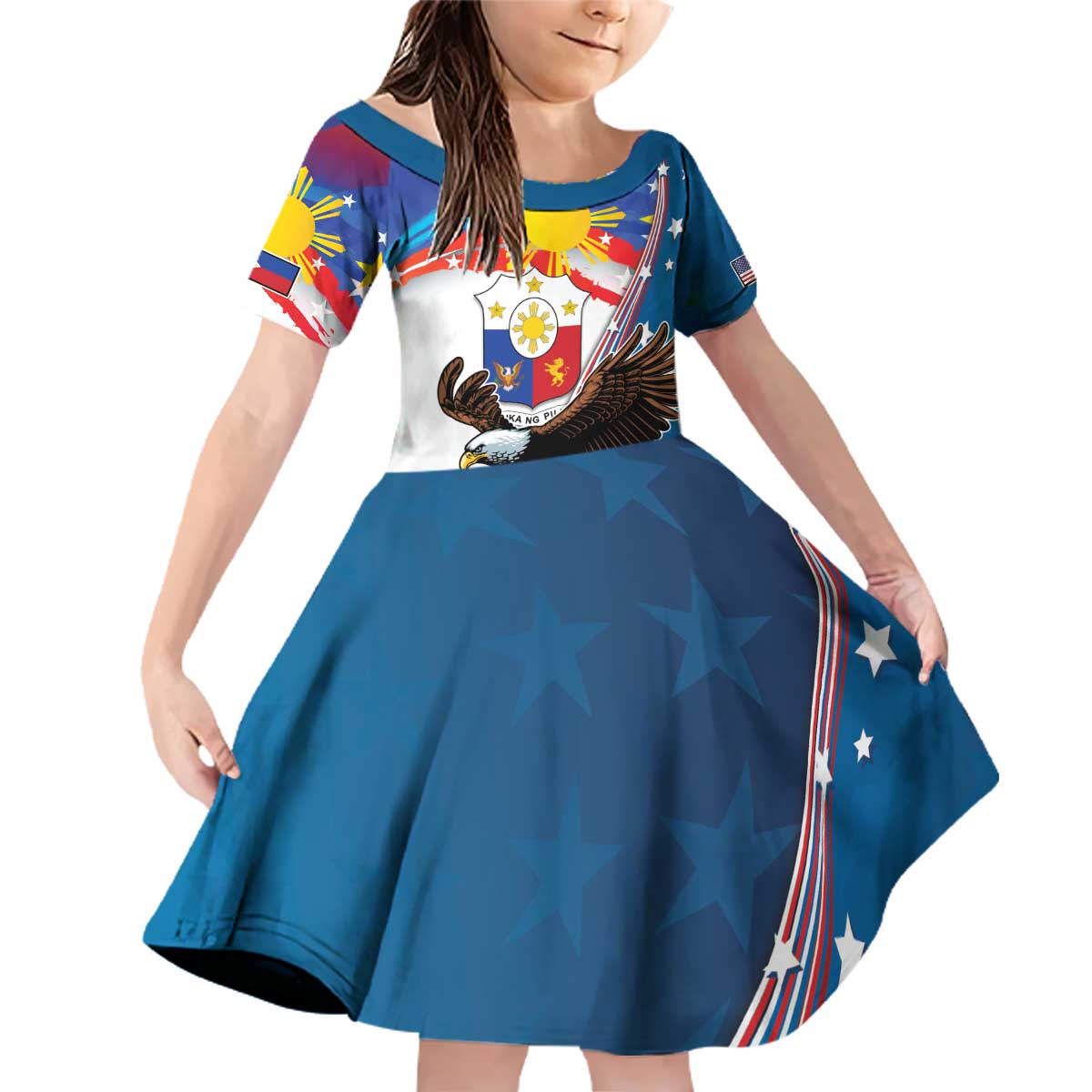 Personalized Filipino-American Family Matching Off Shoulder Short Dress and Hawaiian Shirt The Eight-Rayed Sun with Bald Eagle
