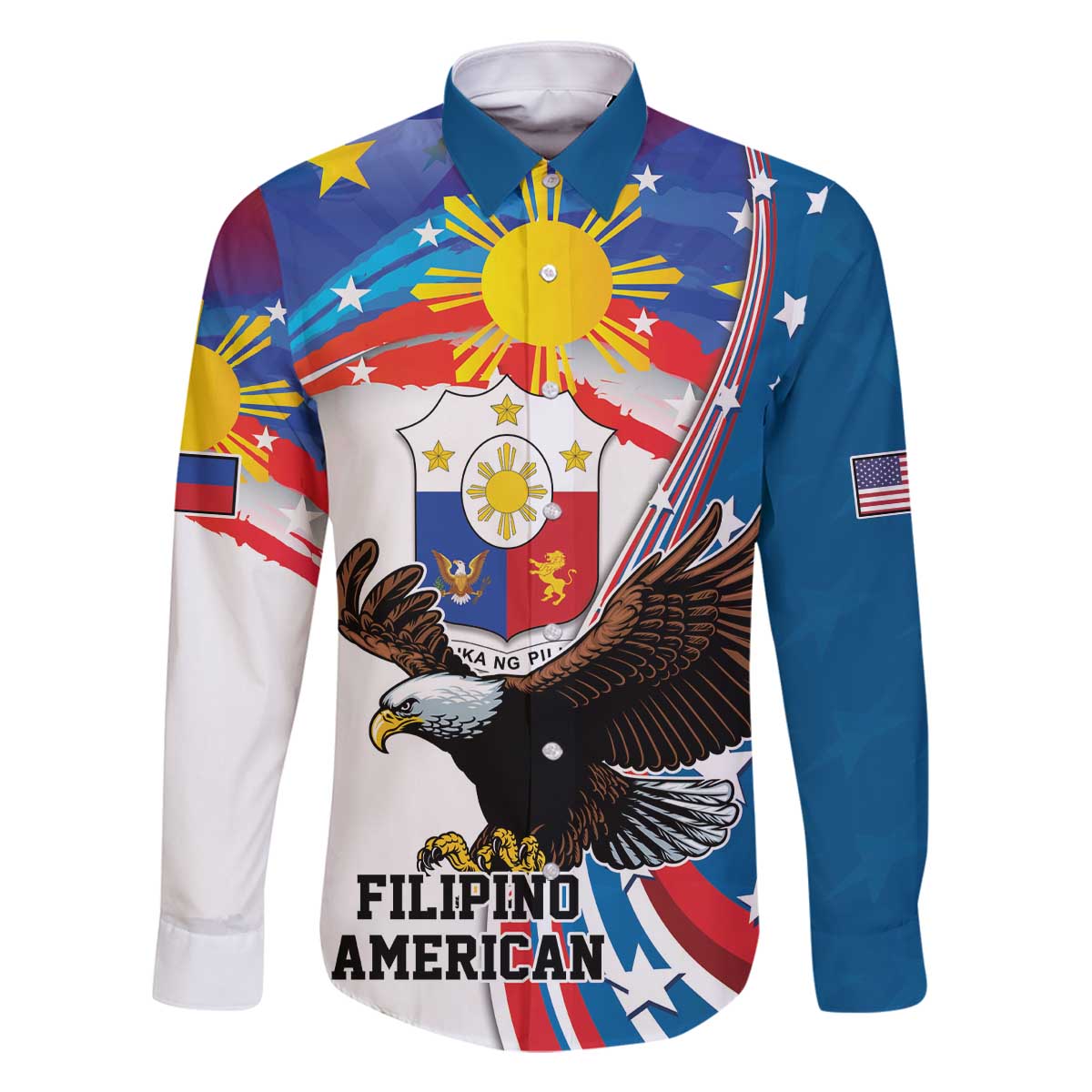 Personalized Filipino-American Family Matching Off Shoulder Short Dress and Hawaiian Shirt The Eight-Rayed Sun with Bald Eagle