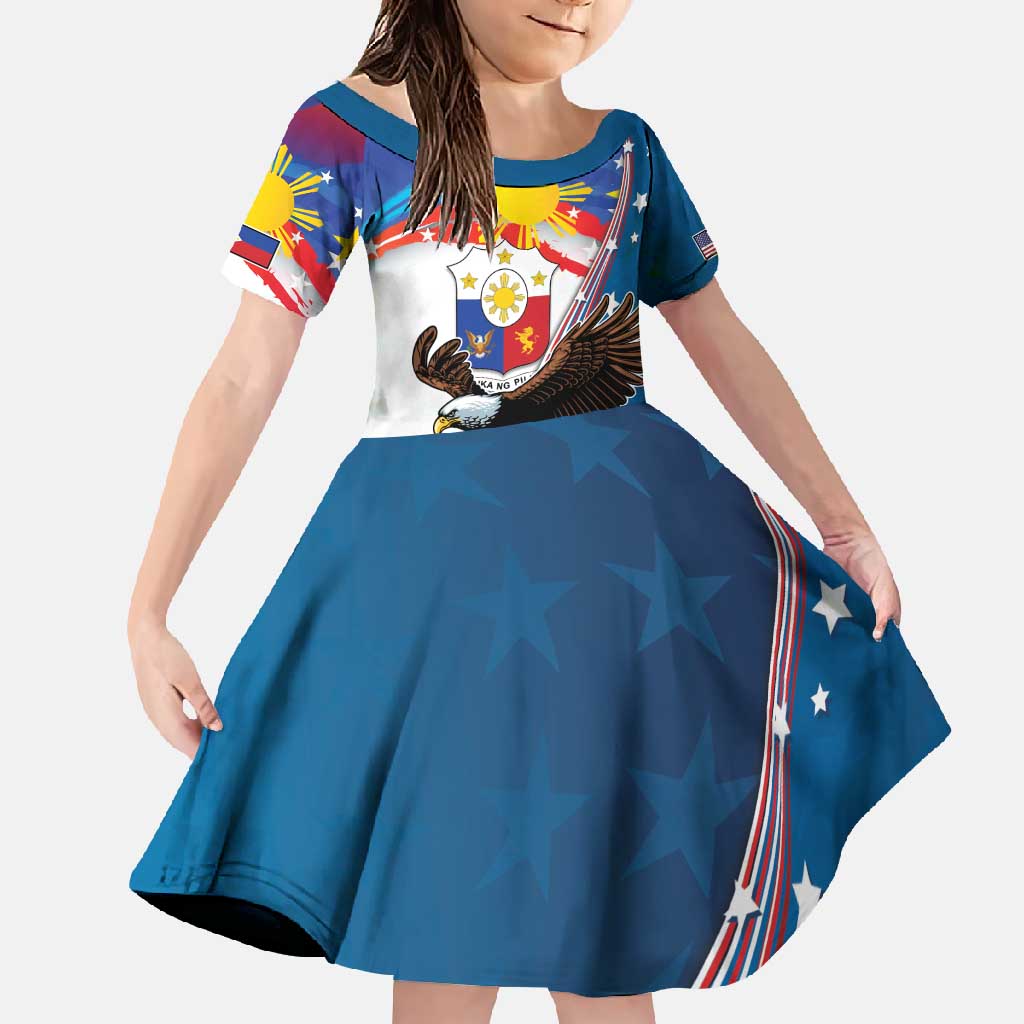 Personalized Filipino-American Family Matching Short Sleeve Bodycon Dress and Hawaiian Shirt The Eight-Rayed Sun with Bald Eagle LT9 Daughter's Dress Blue - Polynesian Pride
