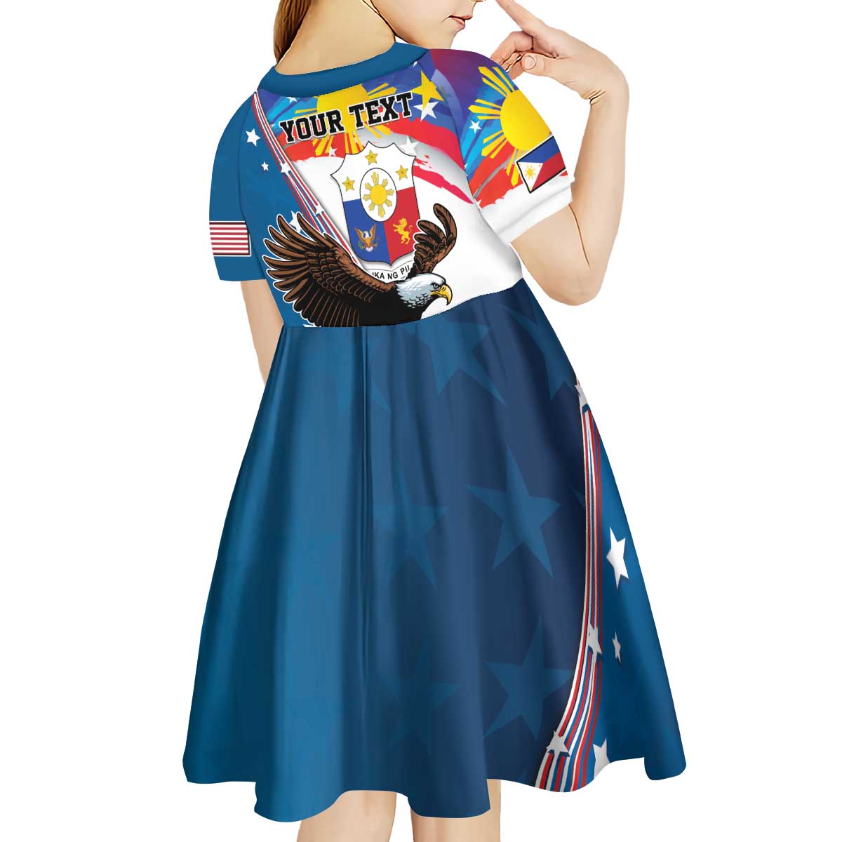 Personalized Filipino-American Kid Short Sleeve Dress The Eight-Rayed Sun with Bald Eagle