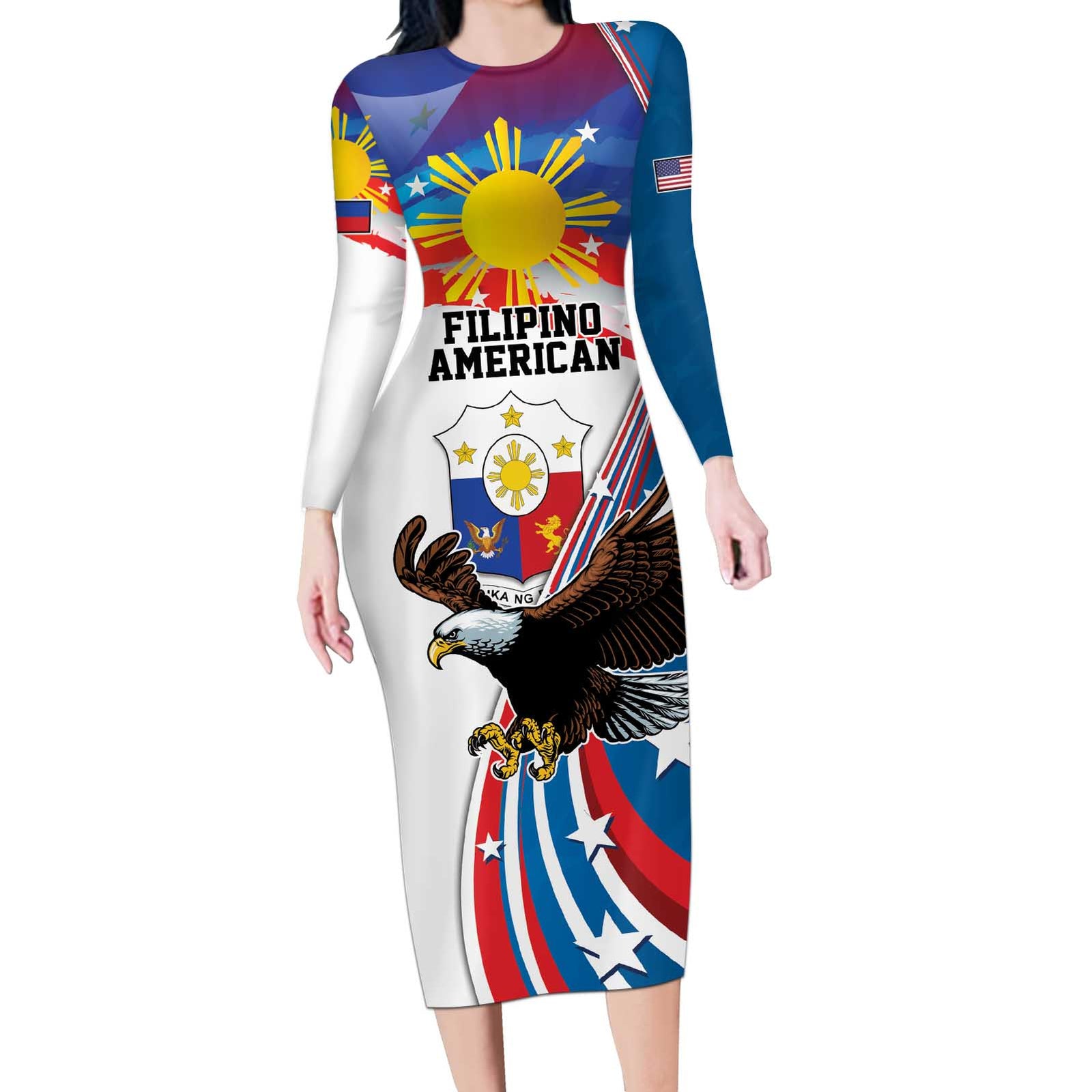 Personalized Filipino-American Long Sleeve Bodycon Dress The Eight-Rayed Sun with Bald Eagle LT9 Long Dress Blue - Polynesian Pride
