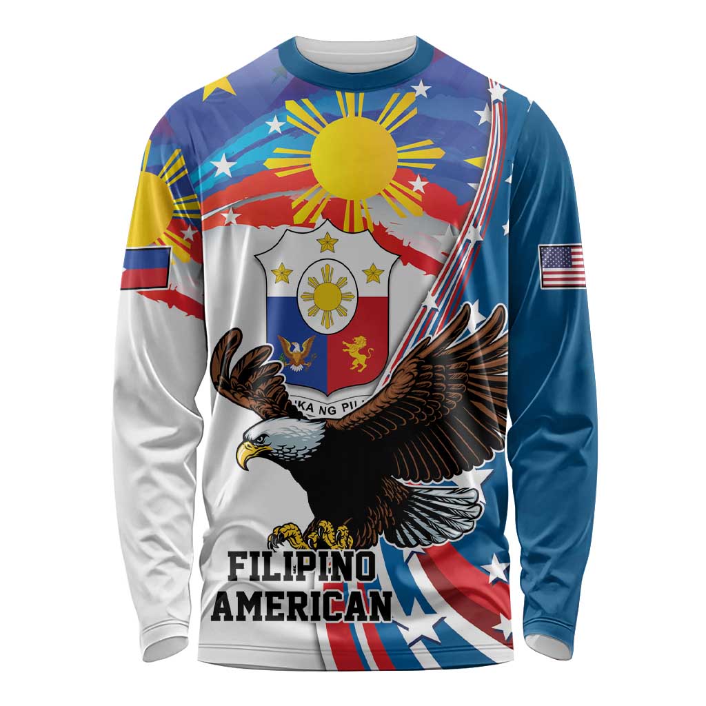 Personalized Filipino-American Long Sleeve Shirt The Eight-Rayed Sun with Bald Eagle LT9 Unisex Blue - Polynesian Pride