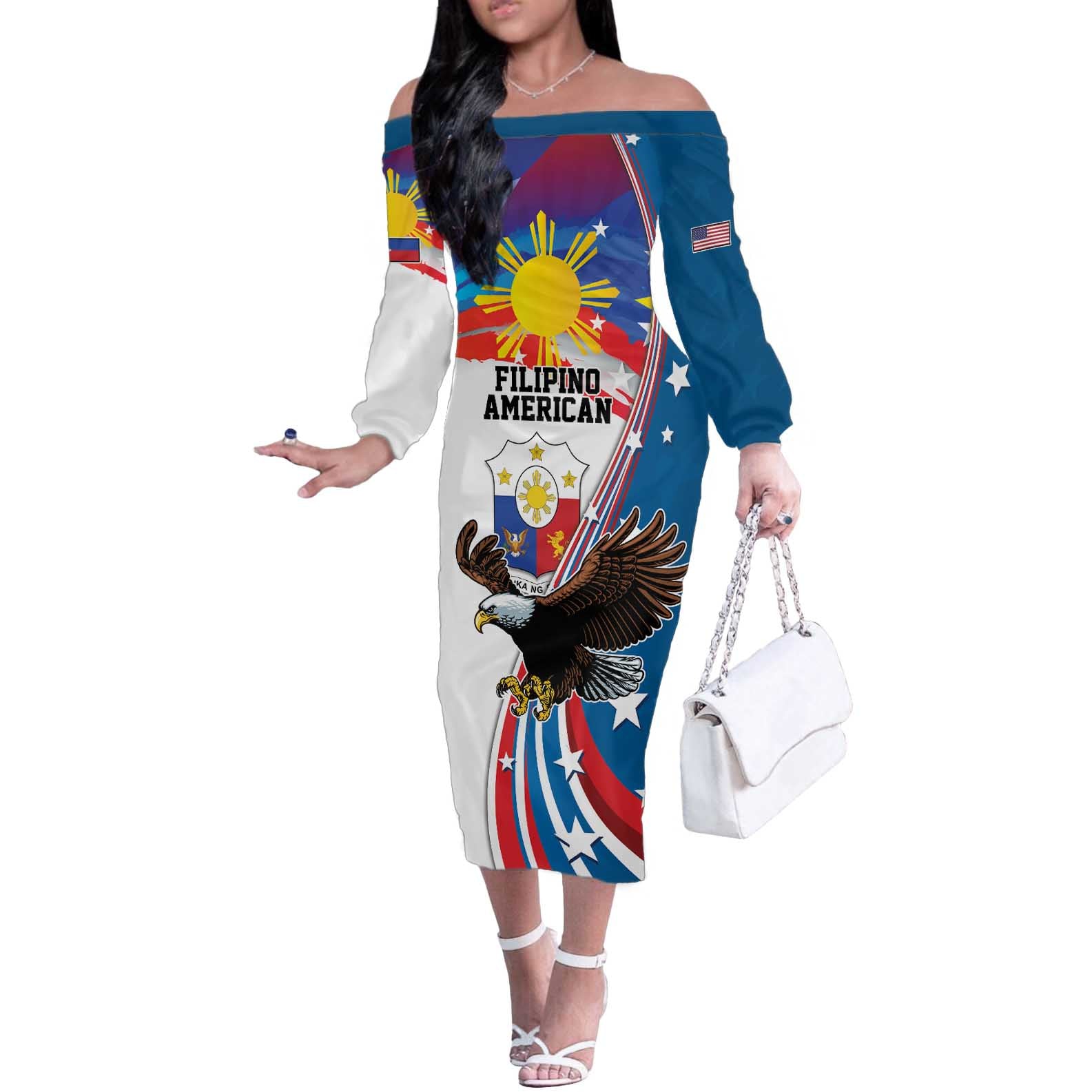 Personalized Filipino-American Off The Shoulder Long Sleeve Dress The Eight-Rayed Sun with Bald Eagle LT9 Women Blue - Polynesian Pride