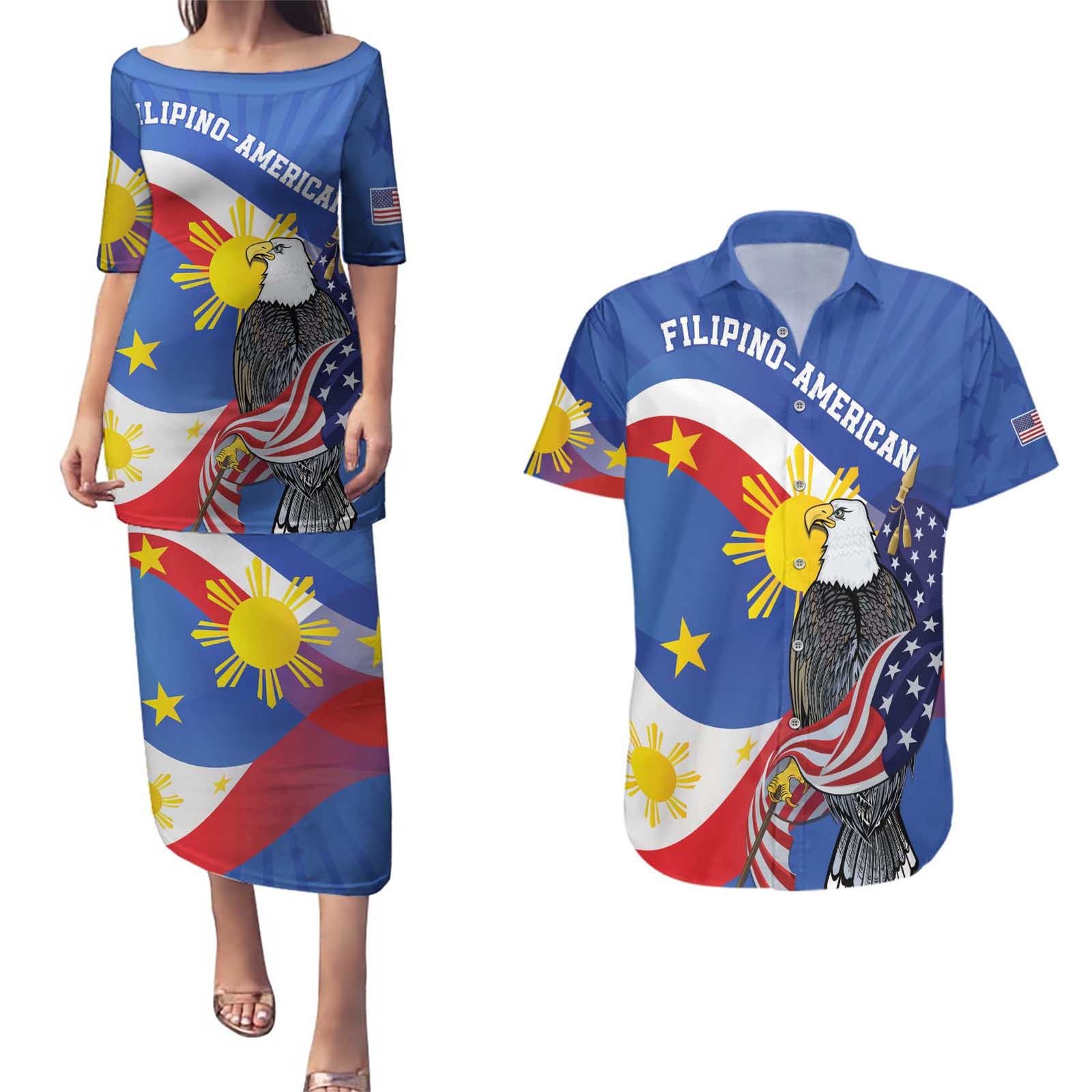 Personalized Filipino-American Couples Matching Puletasi and Hawaiian Shirt Philippines Coat Of Arms with Bald Eagle LT9 White - Polynesian Pride