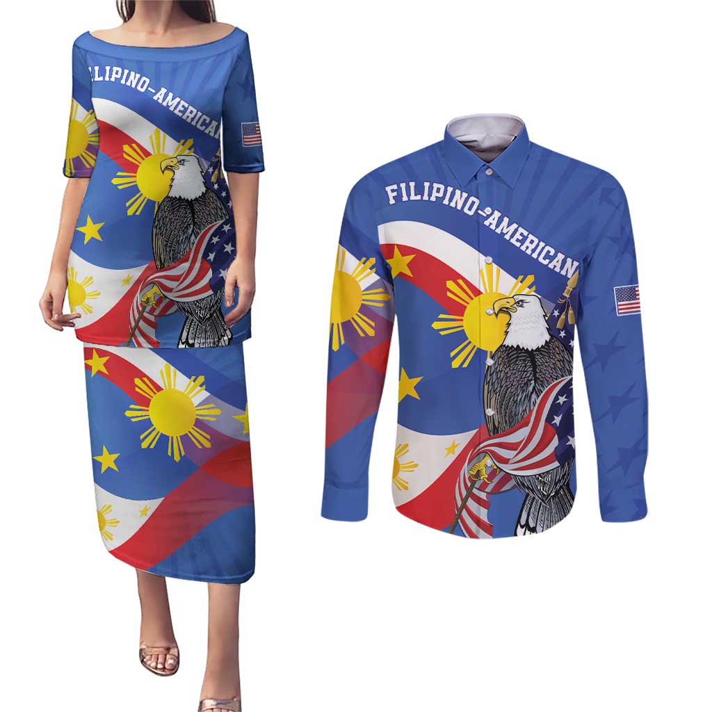 Personalized Filipino-American Couples Matching Puletasi and Long Sleeve Button Shirt Philippines Coat Of Arms with Bald Eagle LT9 White - Polynesian Pride