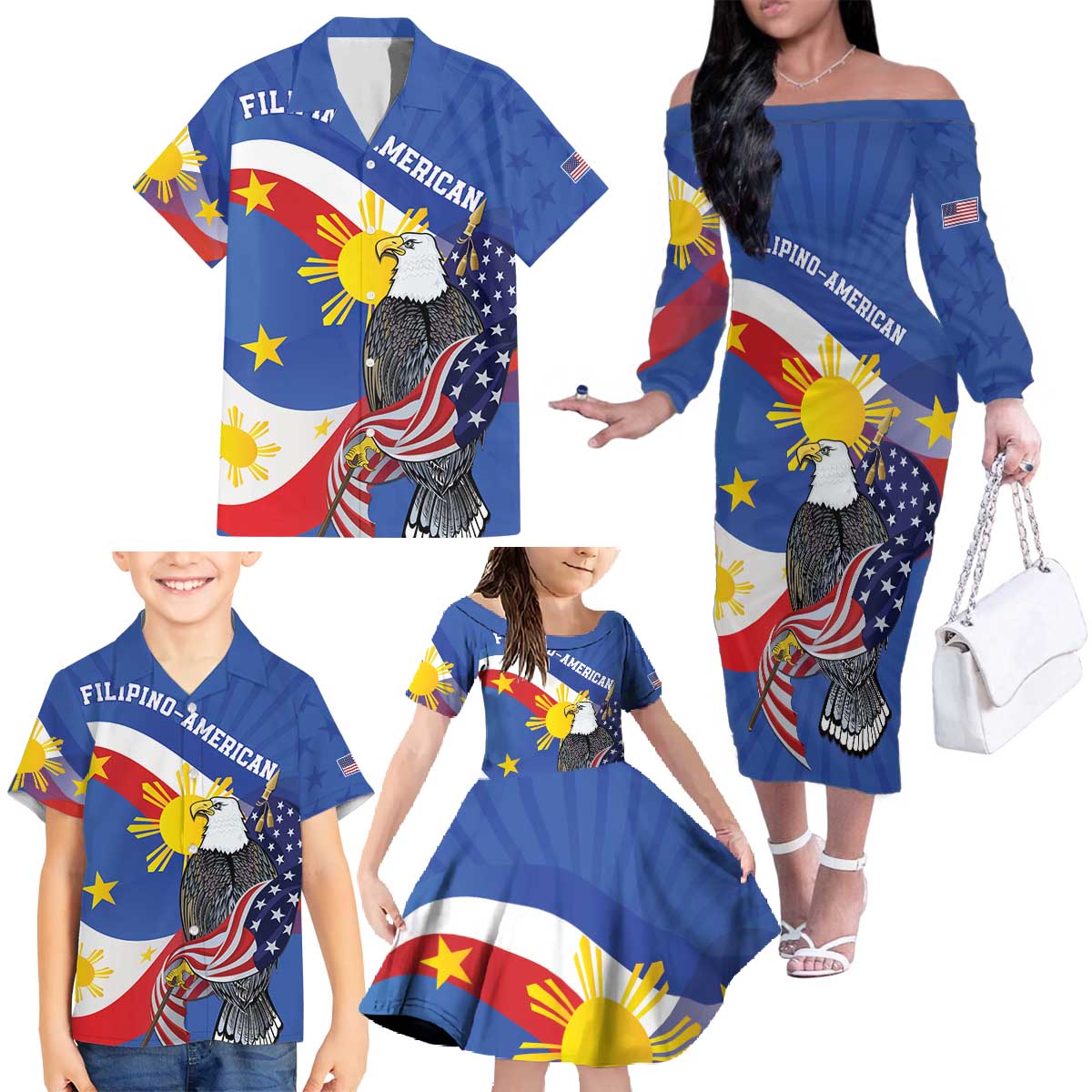 Personalized Filipino-American Family Matching Off The Shoulder Long Sleeve Dress and Hawaiian Shirt Philippines Coat Of Arms with Bald Eagle LT9 - Polynesian Pride