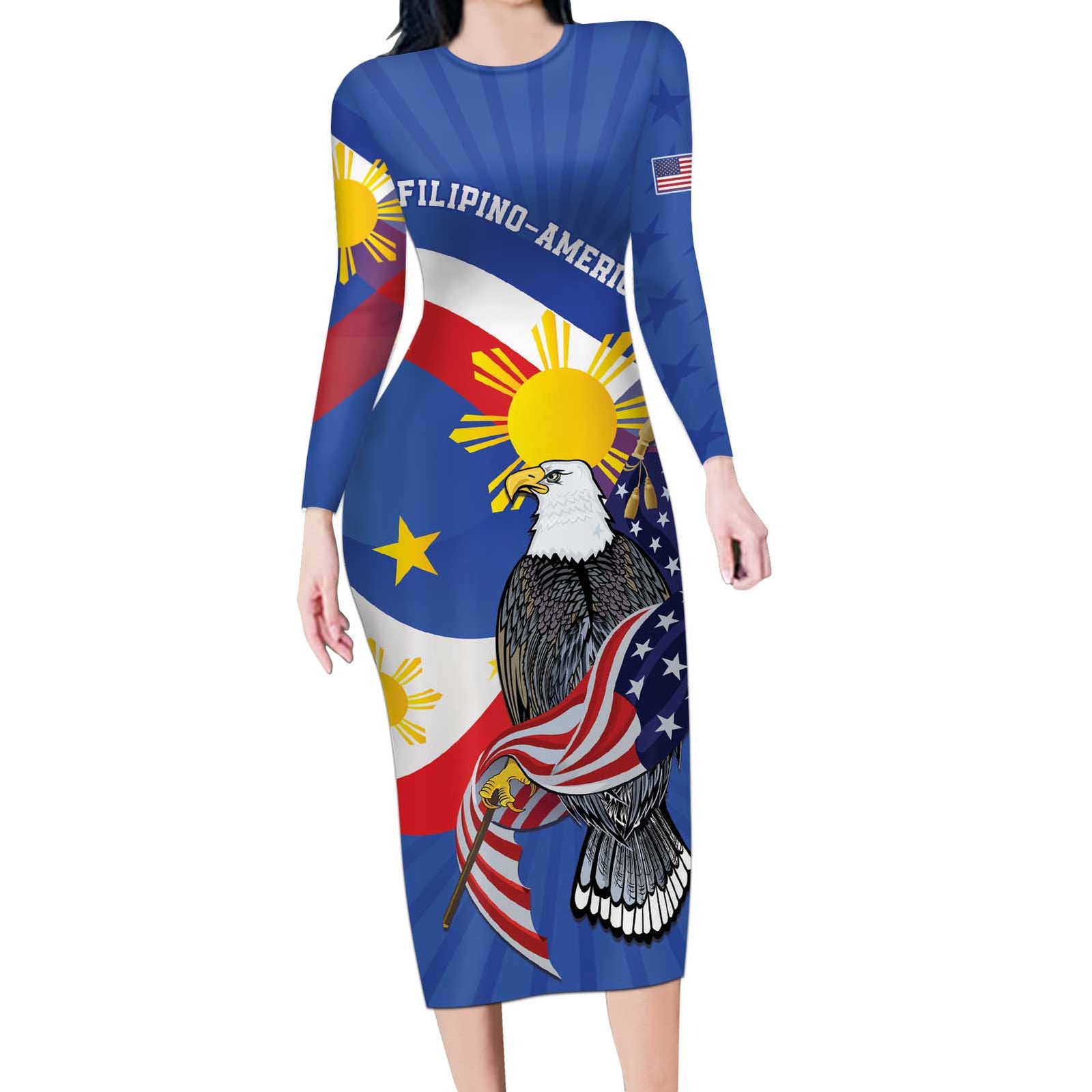 Personalized Filipino-American Long Sleeve Bodycon Dress Philippines Coat Of Arms with Bald Eagle LT9 Long Dress White - Polynesian Pride