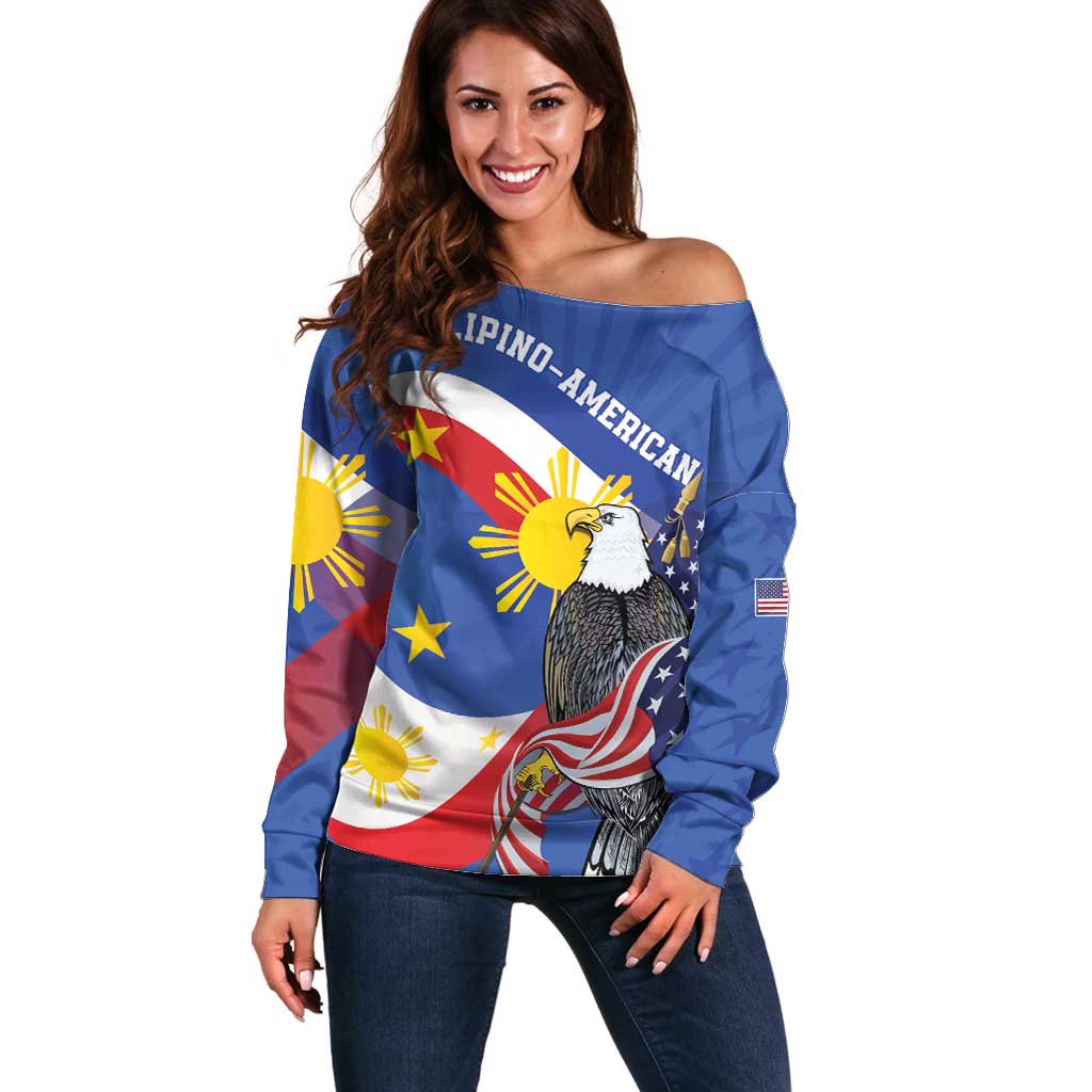 Personalized Filipino-American Off Shoulder Sweater Philippines Coat Of Arms with Bald Eagle LT9 Women White - Polynesian Pride