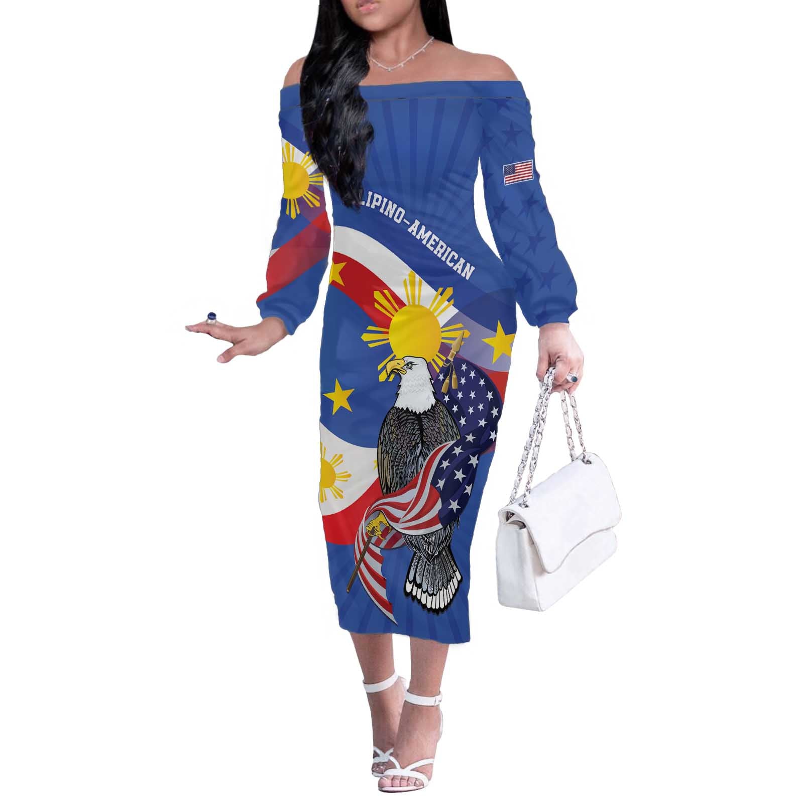 Personalized Filipino-American Off The Shoulder Long Sleeve Dress Philippines Coat Of Arms with Bald Eagle LT9 Women White - Polynesian Pride