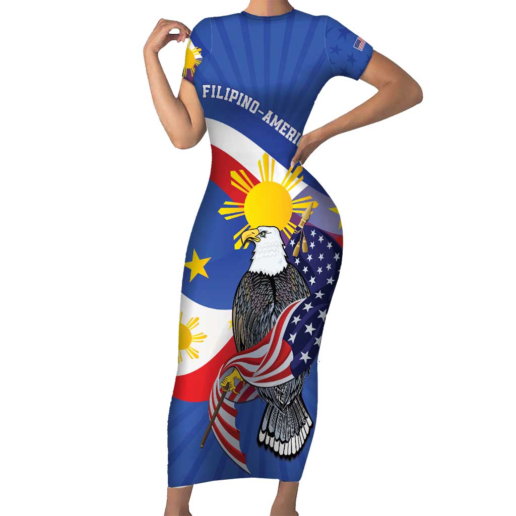 Personalized Filipino-American Short Sleeve Bodycon Dress Philippines Coat Of Arms with Bald Eagle LT9 Long Dress White - Polynesian Pride