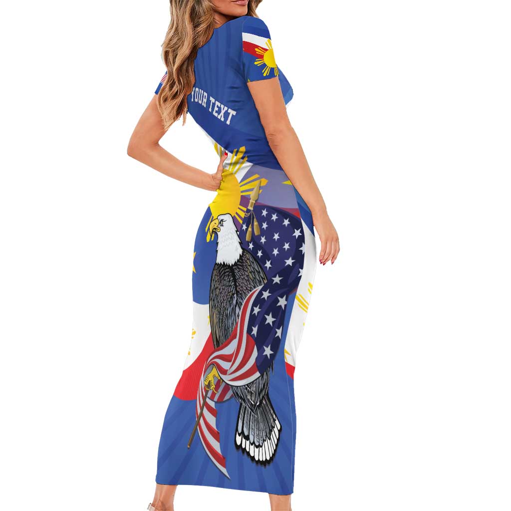Personalized Filipino-American Short Sleeve Bodycon Dress Philippines Coat Of Arms with Bald Eagle LT9 - Polynesian Pride