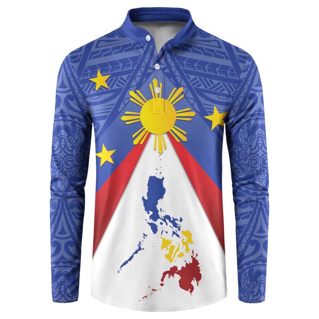 Personalized Pilipinas Eight-Rayed Sun Button Sweatshirt Philippines Map With Polynesian Style LT9 Blue - Polynesian Pride