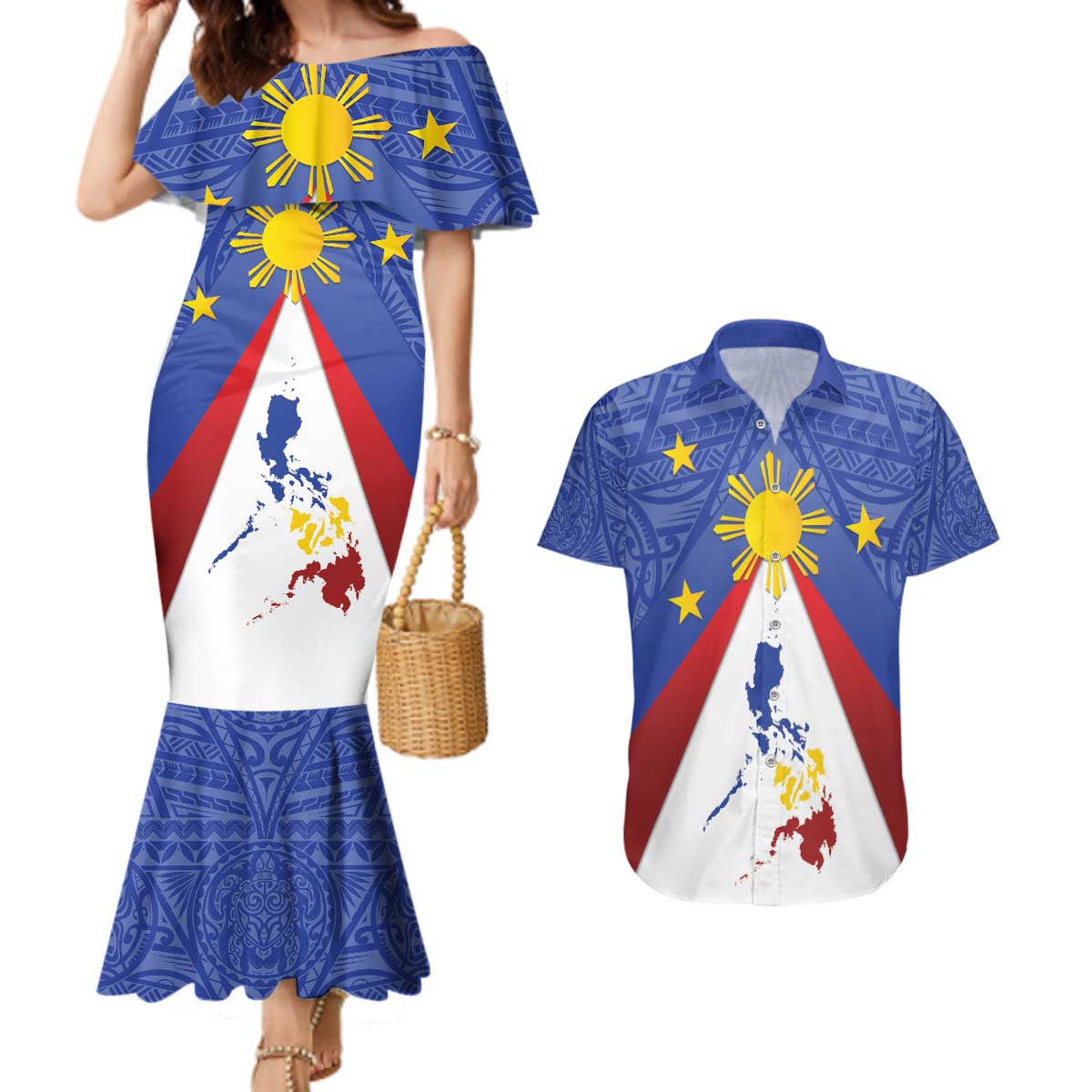Personalized Pilipinas Eight-Rayed Sun Couples Matching Mermaid Dress and Hawaiian Shirt Philippines Map With Polynesian Style LT9 Blue - Polynesian Pride