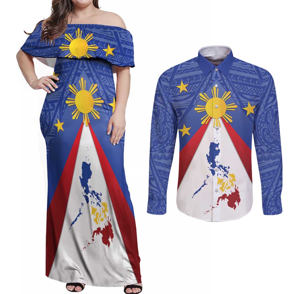 Personalized Pilipinas Eight-Rayed Sun Couples Matching Off Shoulder Maxi Dress and Long Sleeve Button Shirt Philippines Map With Polynesian Style LT9 Blue - Polynesian Pride