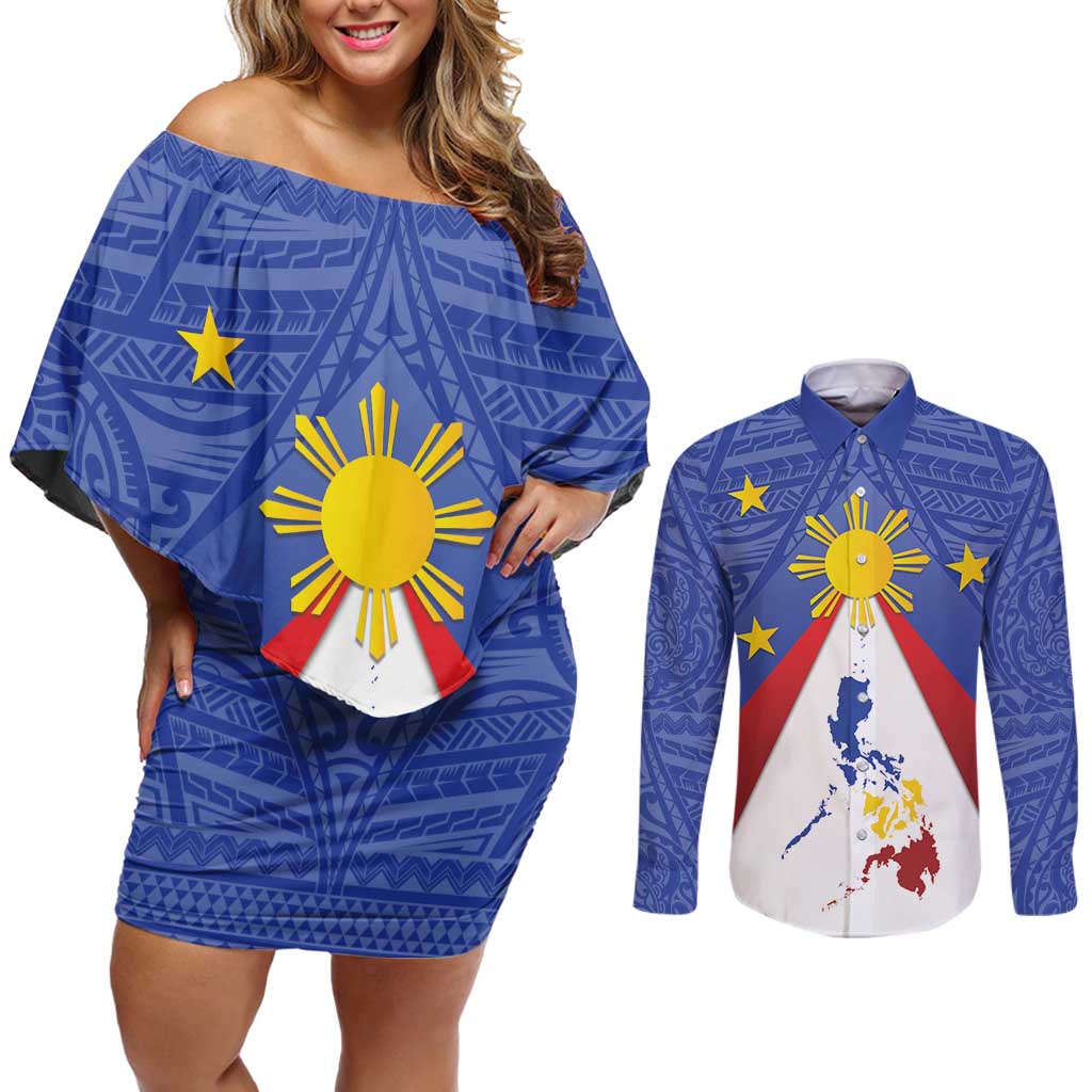 Personalized Pilipinas Eight-Rayed Sun Couples Matching Off Shoulder Short Dress and Long Sleeve Button Shirt Philippines Map With Polynesian Style LT9 Blue - Polynesian Pride
