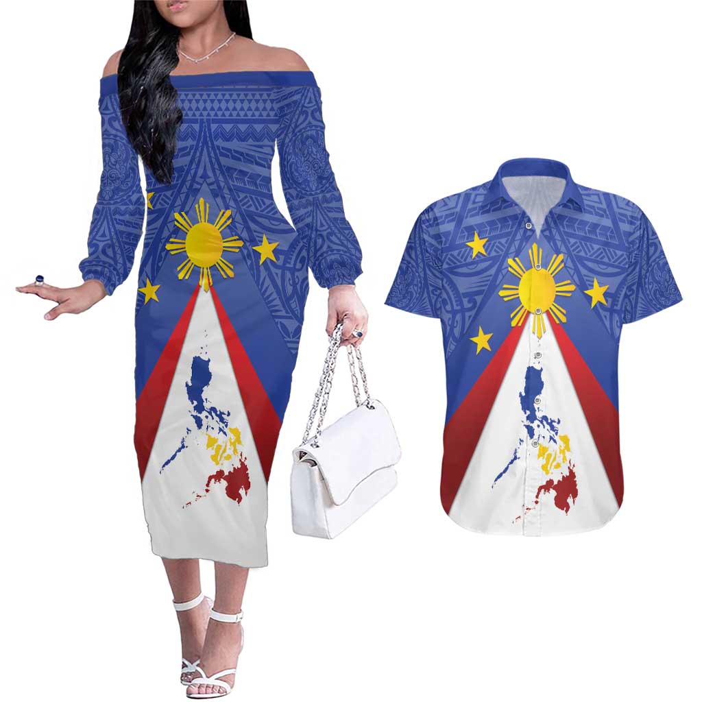 Personalized Pilipinas Eight-Rayed Sun Couples Matching Off The Shoulder Long Sleeve Dress and Hawaiian Shirt Philippines Map With Polynesian Style LT9 Blue - Polynesian Pride