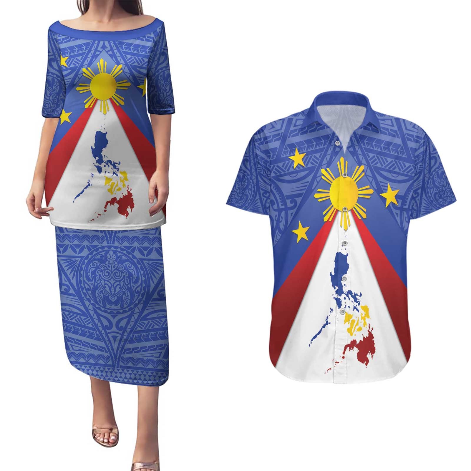 Personalized Pilipinas Eight-Rayed Sun Couples Matching Puletasi and Hawaiian Shirt Philippines Map With Polynesian Style LT9 Blue - Polynesian Pride