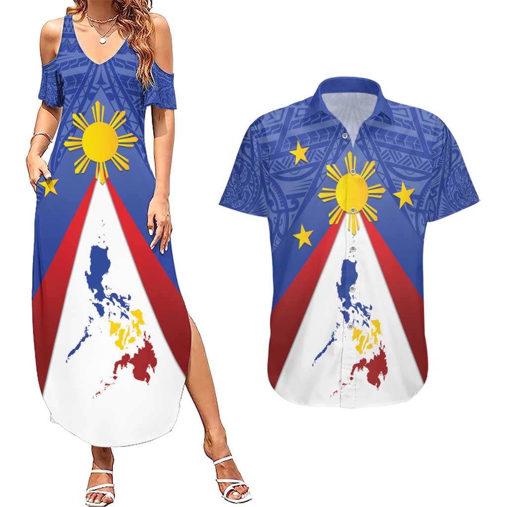 Personalized Pilipinas Eight-Rayed Sun Couples Matching Summer Maxi Dress and Hawaiian Shirt Philippines Map With Polynesian Style LT9 Blue - Polynesian Pride