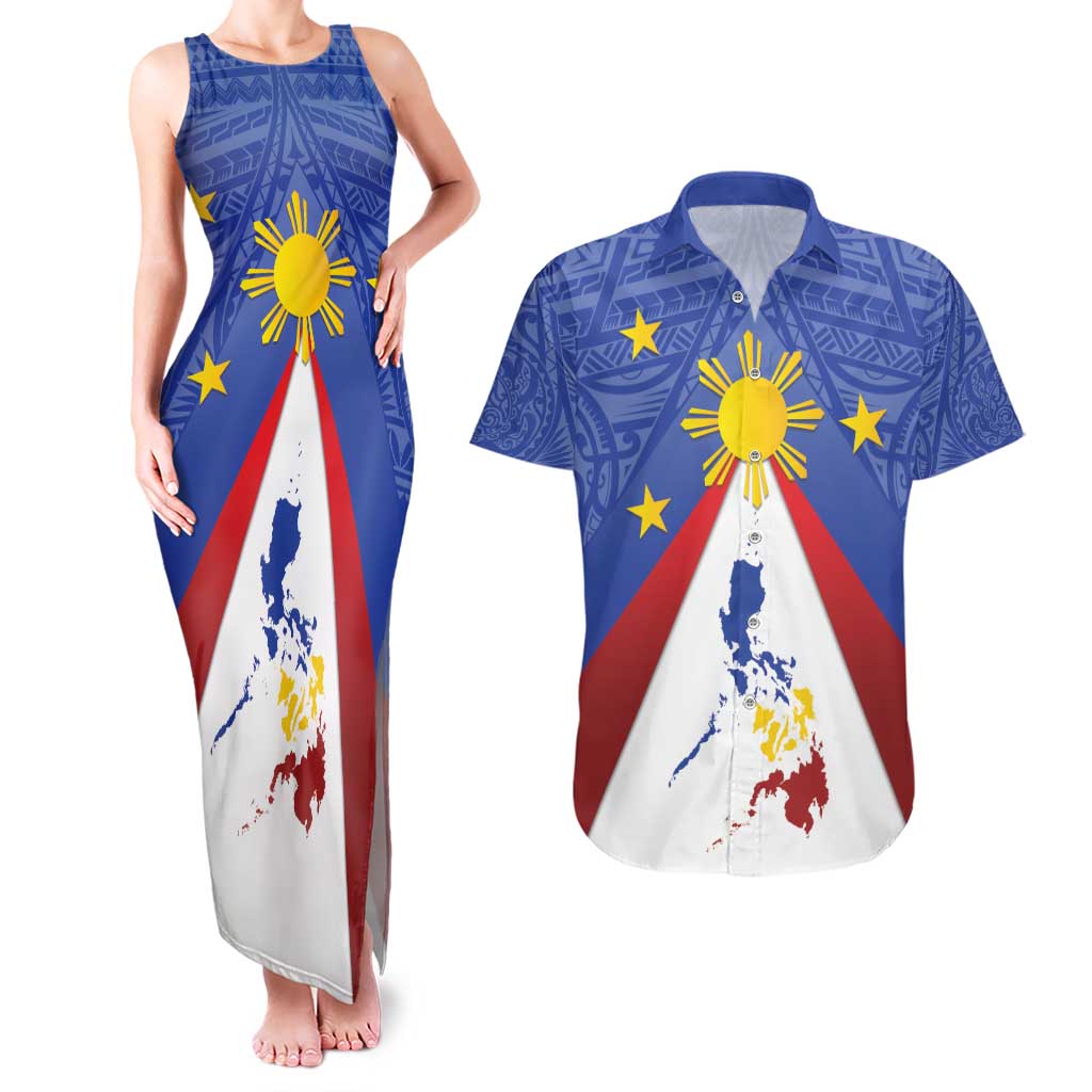 Personalized Pilipinas Eight-Rayed Sun Couples Matching Tank Maxi Dress and Hawaiian Shirt Philippines Map With Polynesian Style LT9 Blue - Polynesian Pride