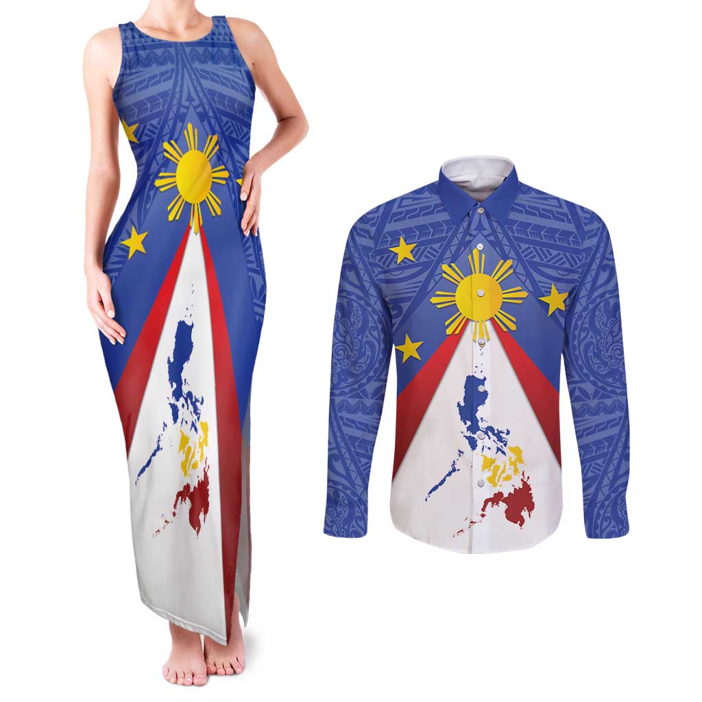 Personalized Pilipinas Eight-Rayed Sun Couples Matching Tank Maxi Dress and Long Sleeve Button Shirt Philippines Map With Polynesian Style LT9 Blue - Polynesian Pride