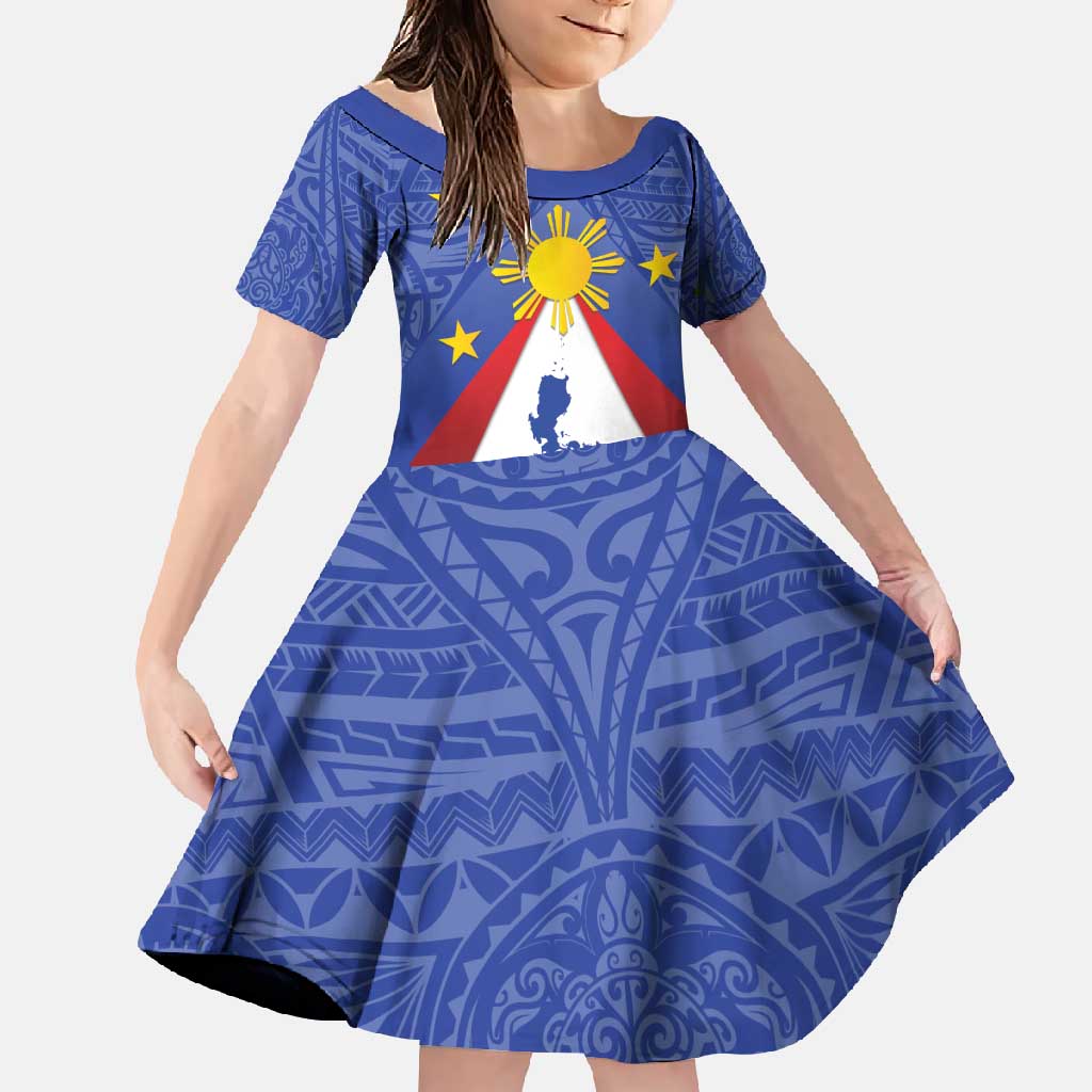 Personalized Pilipinas Eight-Rayed Sun Family Matching Mermaid Dress and Hawaiian Shirt Philippines Map With Polynesian Style LT9 Daughter's Dress Blue - Polynesian Pride