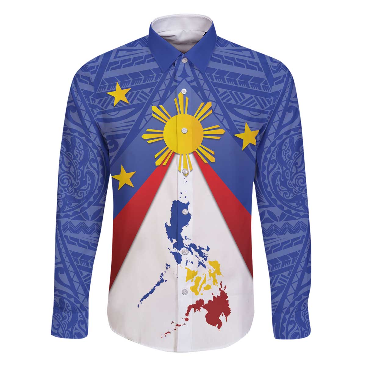 Personalized Pilipinas Eight-Rayed Sun Family Matching Off The Shoulder Long Sleeve Dress and Hawaiian Shirt Philippines Map With Polynesian Style LT9 Dad's Shirt - Long Sleeve Blue - Polynesian Pride