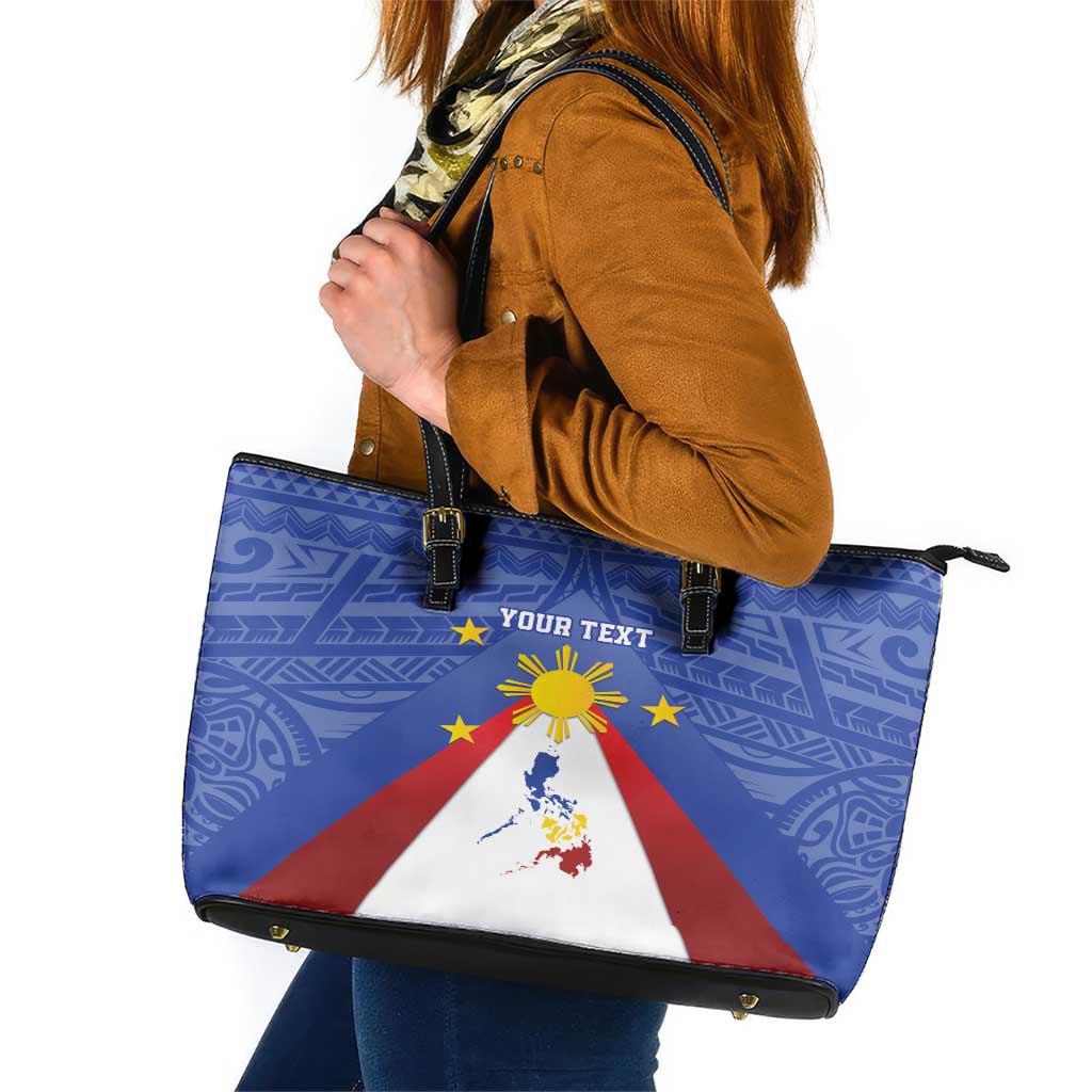 Personalized Pilipinas Eight-Rayed Sun Leather Tote Bag Philippines Map With Polynesian Style LT9 Blue - Polynesian Pride