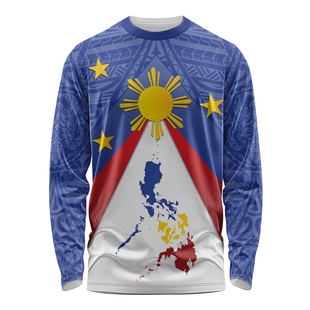 Personalized Pilipinas Eight-Rayed Sun Long Sleeve Shirt Philippines Map With Polynesian Style LT9 Unisex Blue - Polynesian Pride