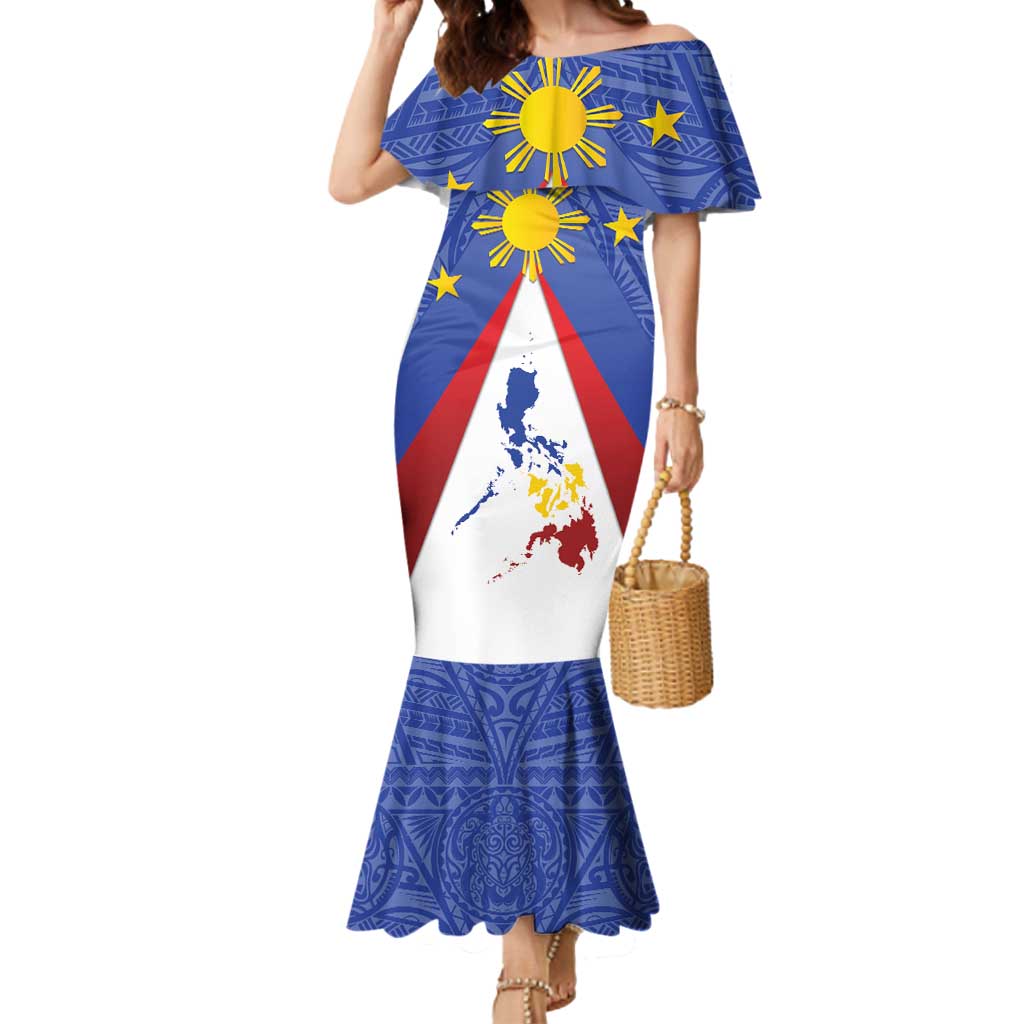 Personalized Pilipinas Eight-Rayed Sun Mermaid Dress Philippines Map With Polynesian Style LT9 Women Blue - Polynesian Pride