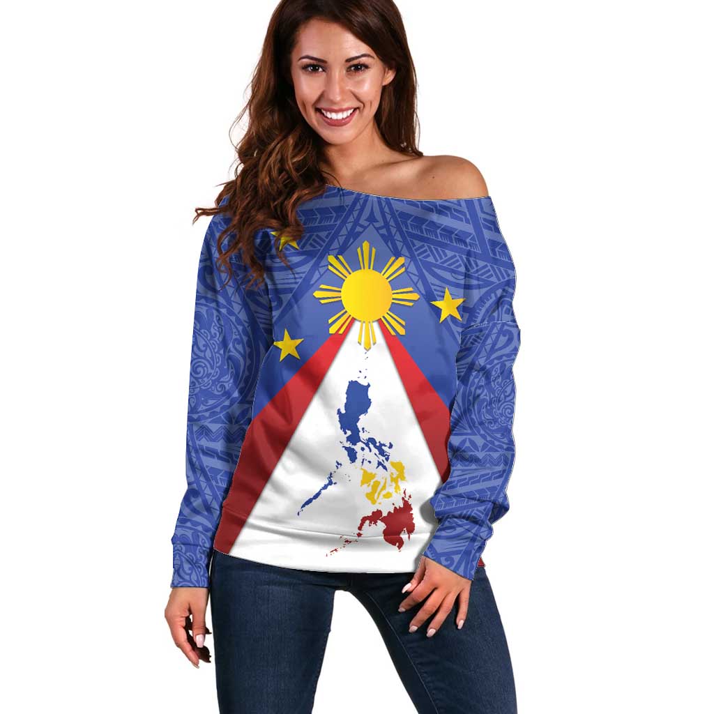 Personalized Pilipinas Eight-Rayed Sun Off Shoulder Sweater Philippines Map With Polynesian Style LT9 Women Blue - Polynesian Pride