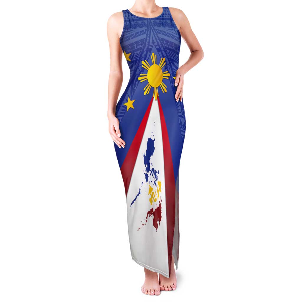 Personalized Pilipinas Eight-Rayed Sun Tank Maxi Dress Philippines Map With Polynesian Style LT9 Women Blue - Polynesian Pride