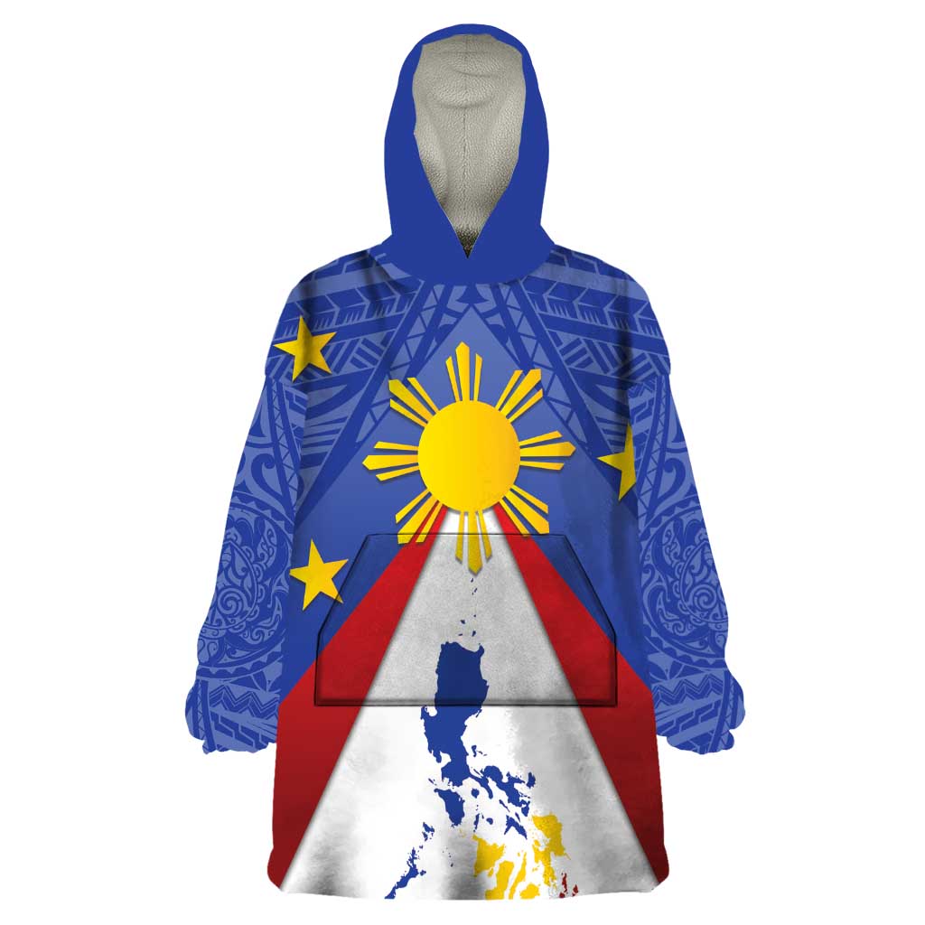 Personalized Pilipinas Eight-Rayed Sun Wearable Blanket Hoodie Philippines Map With Polynesian Style LT9 One Size Blue - Polynesian Pride