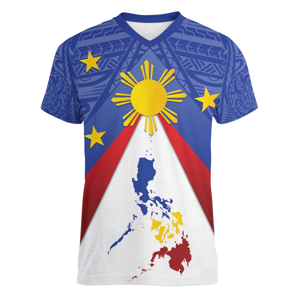 Personalized Pilipinas Eight-Rayed Sun Women V-Neck T-Shirt Philippines Map With Polynesian Style LT9 Female Blue - Polynesian Pride