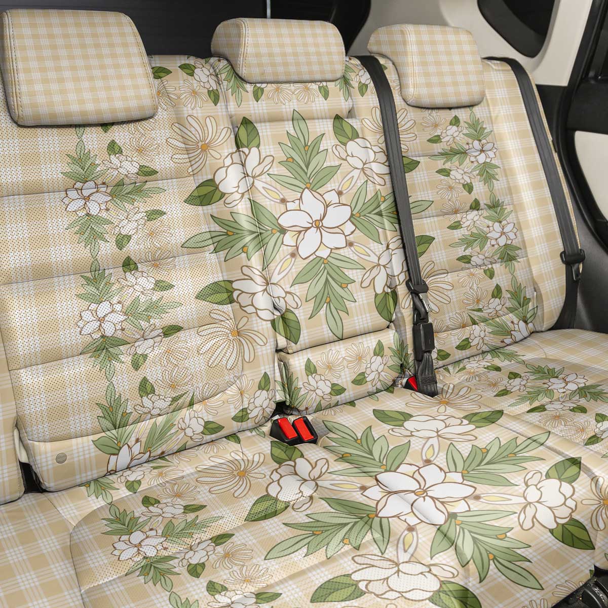 Squares Maile Leaf Back Car Seat Cover Beige Palaka Hawaiian Quilt Pattern - Polynesian Pride