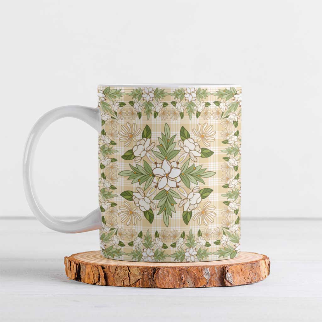 Squares Maile Leaf Ceramic Mug Beige Palaka Hawaiian Quilt Pattern - Polynesian Pride