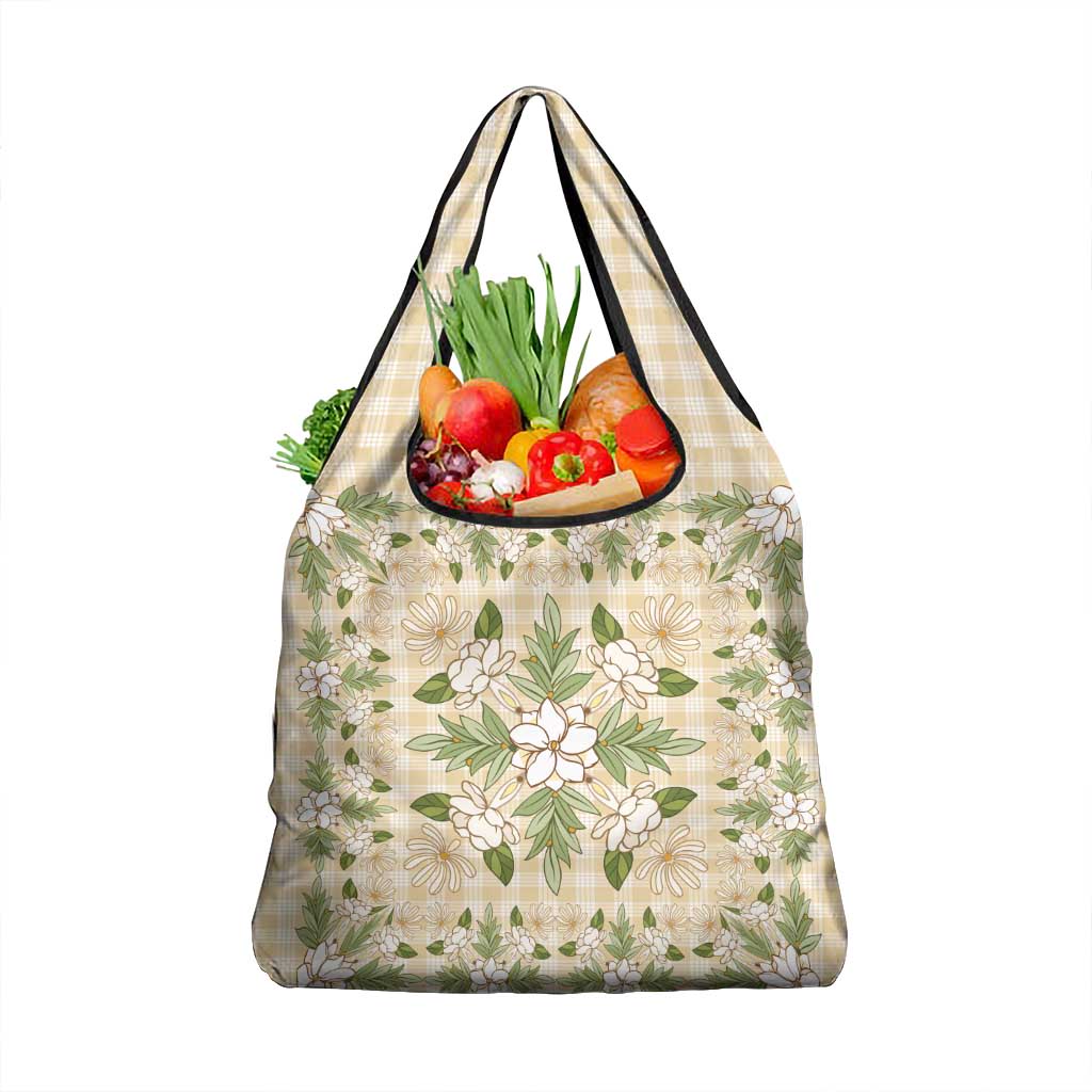 Squares Maile Leaf Grocery Bag Beige Palaka Hawaiian Quilt Pattern - Polynesian Pride