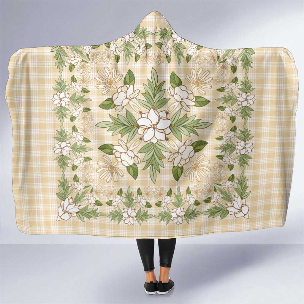 Squares Maile Leaf Hooded Blanket Beige Palaka Hawaiian Quilt Pattern - Polynesian Pride